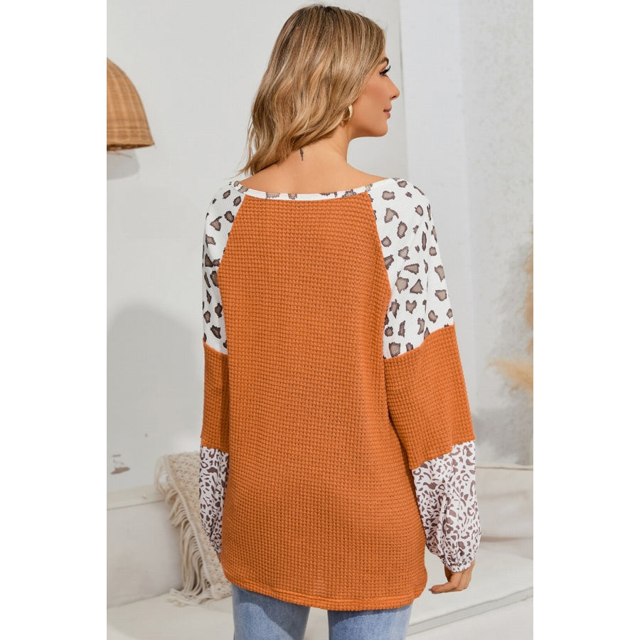 Leopard Waffle-Knit Blouse Pumpkin / S