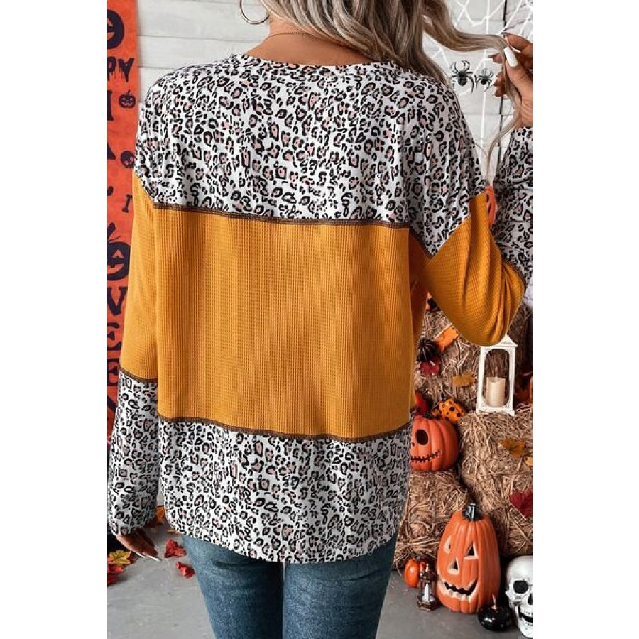 Leopard Waffle-knit Long Sleeve T-Shirt Clothing