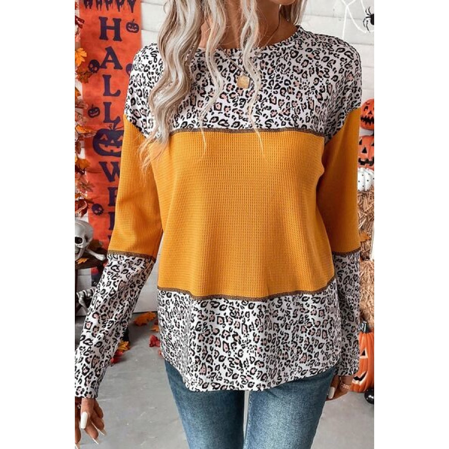 Leopard Waffle-knit Long Sleeve T-Shirt Clothing