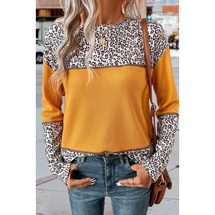 Leopard Waffle-knit Long Sleeve T-Shirt Mustard / S Clothing