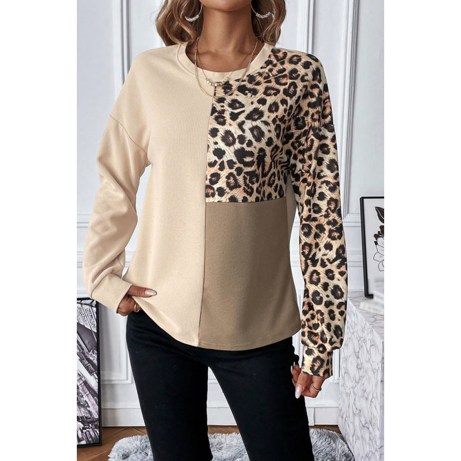 Leopard Waffle Knit Long Sleeve T - Shirt Sand / S Apparel and Accessories
