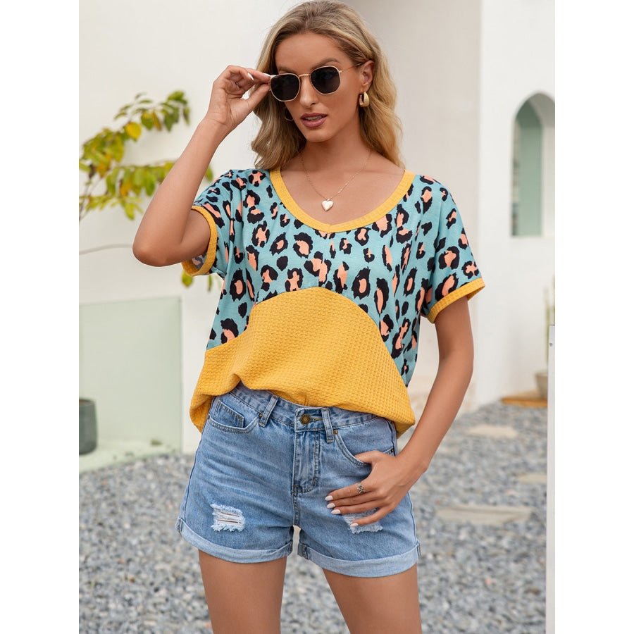 Leopard Waffle-Knit Short Sleeve Top Banana Yellow / S