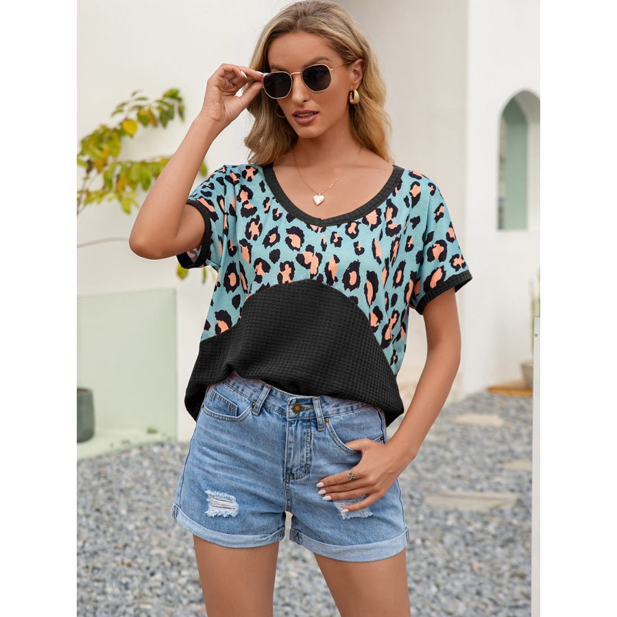 Leopard Waffle-Knit Short Sleeve Top Black / S