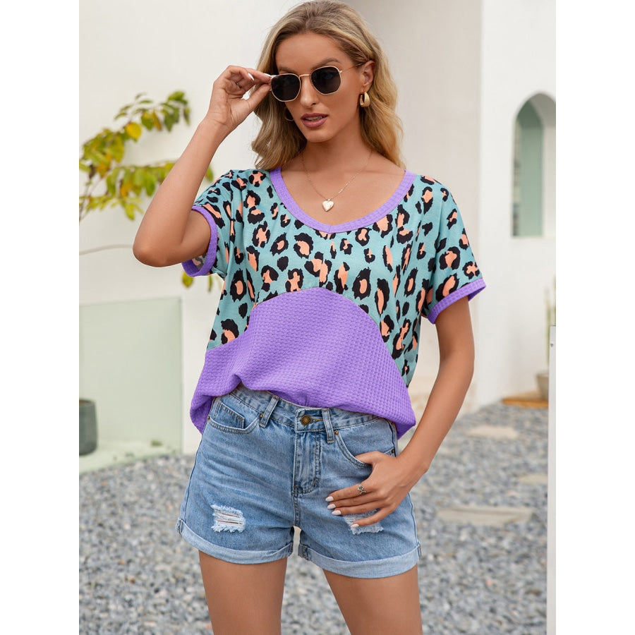 Leopard Waffle-Knit Short Sleeve Top Lavender / S