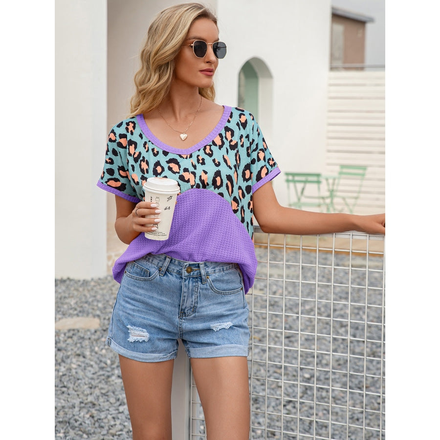 Leopard Waffle-Knit Short Sleeve Top