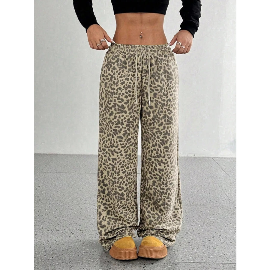Leopard Wide-Leg Drawstring Pants Apricot / S Apparel and Accessories
