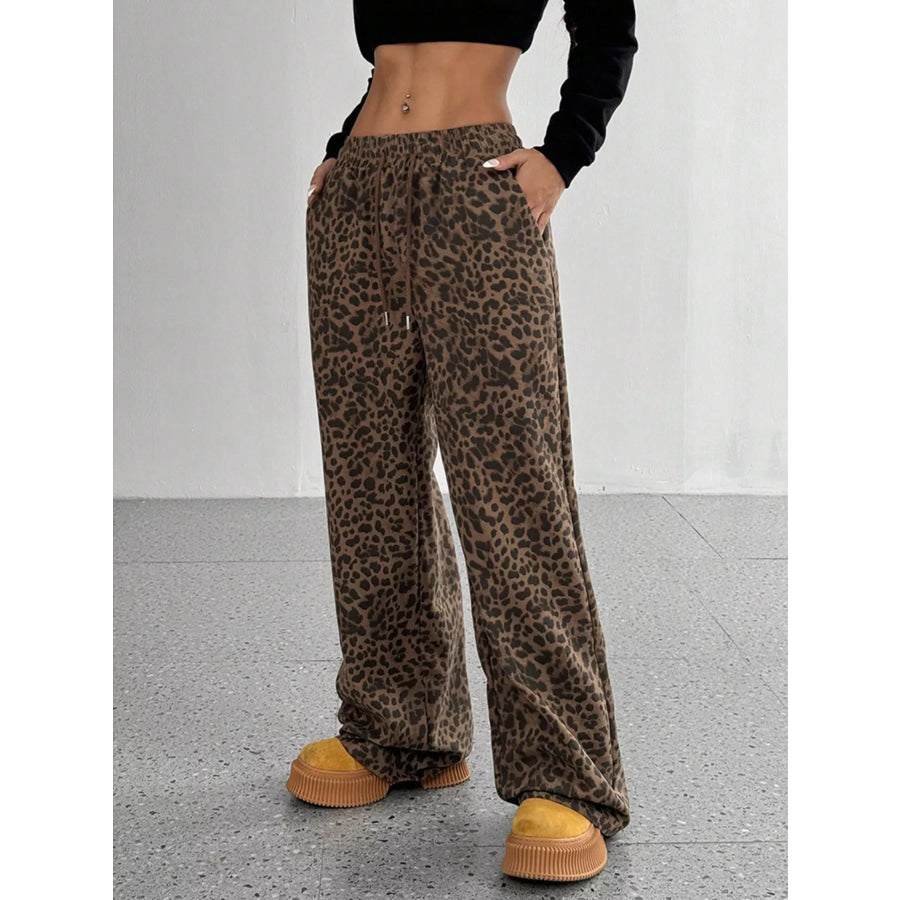 Leopard Wide-Leg Drawstring Pants Brown / S Apparel and Accessories