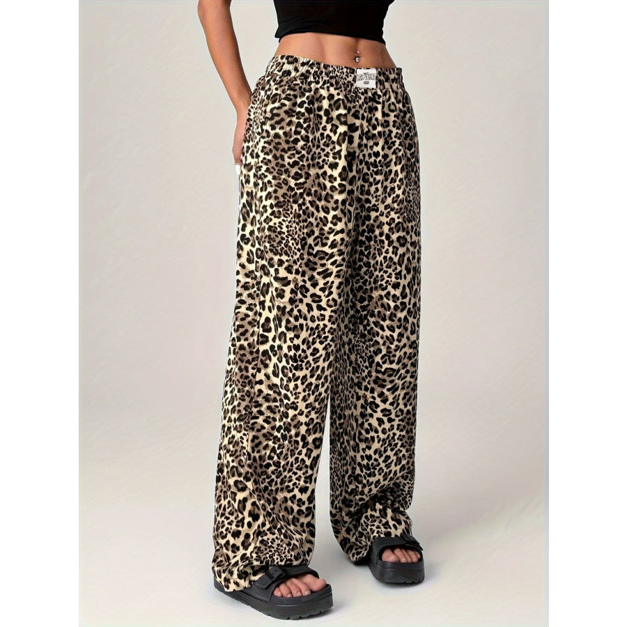 Leopard Wide Leg Pants with Pockets Apparel and Accessories