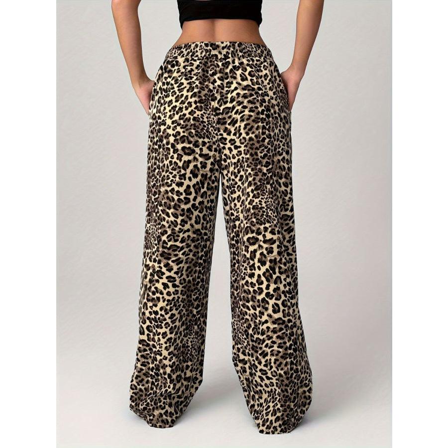 Leopard Wide Leg Pants with Pockets Apparel and Accessories