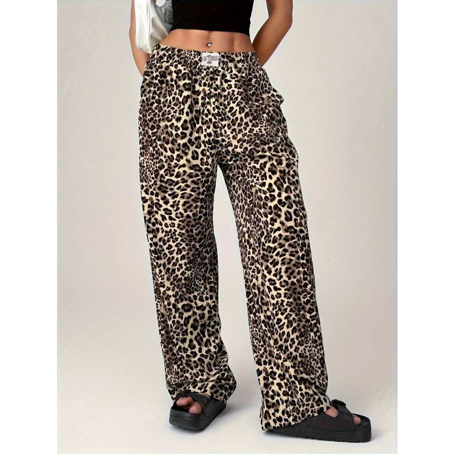 Leopard Wide Leg Pants with Pockets Apparel and Accessories