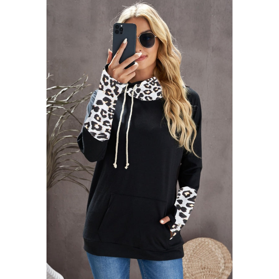 Leopard Zip Detail Drawstring Hoodie