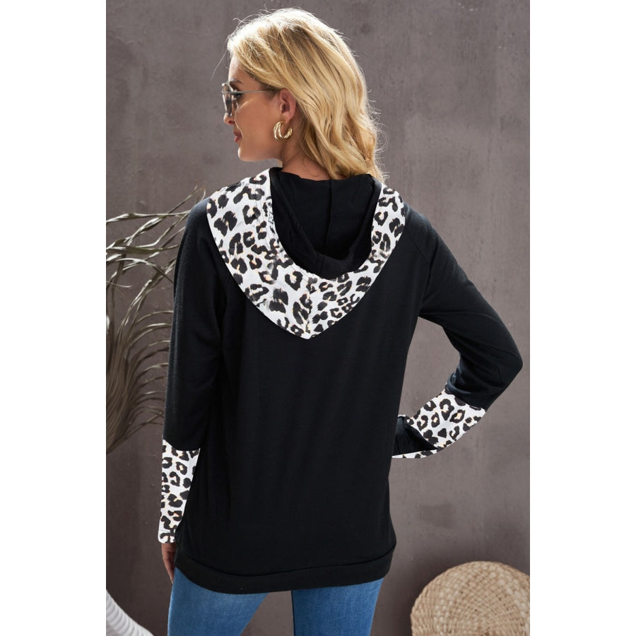 Leopard Zip Detail Drawstring Hoodie