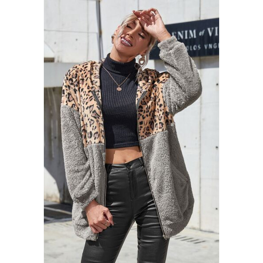 Leopard Zip Up Dropped Shoulder Hoodie Apparel and Accessories