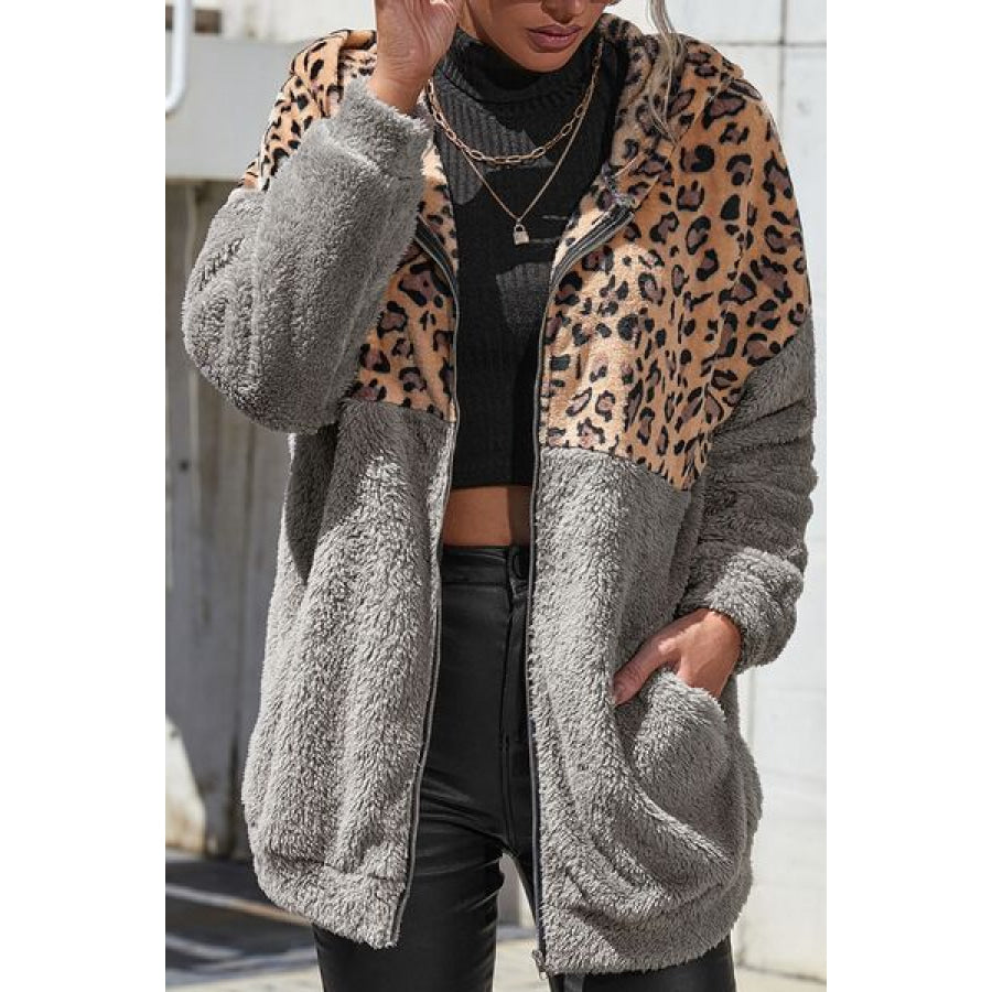 Leopard Zip Up Dropped Shoulder Hoodie Charcoal / S Apparel and Accessories