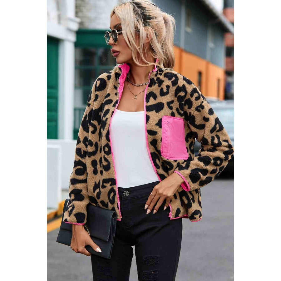 Leopard Zip-Up Dropped Shoulder Jacket