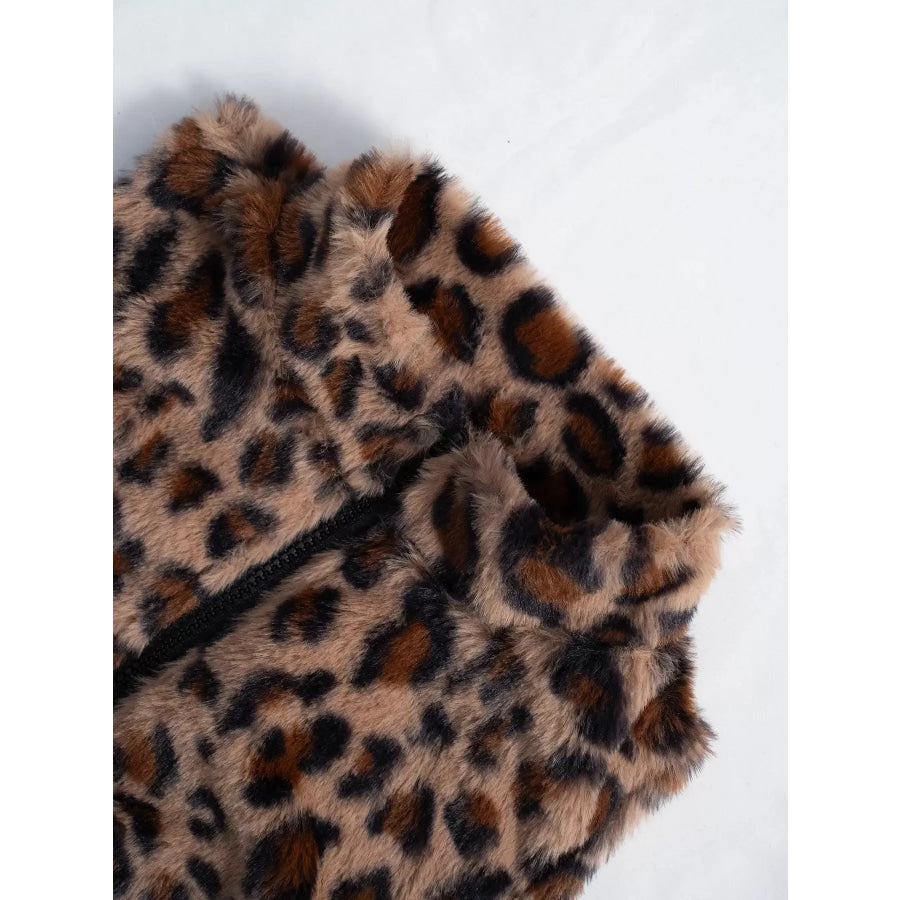 Leopard Zip Up Faux Fur Cropped Vest Coat Apparel and Accessories