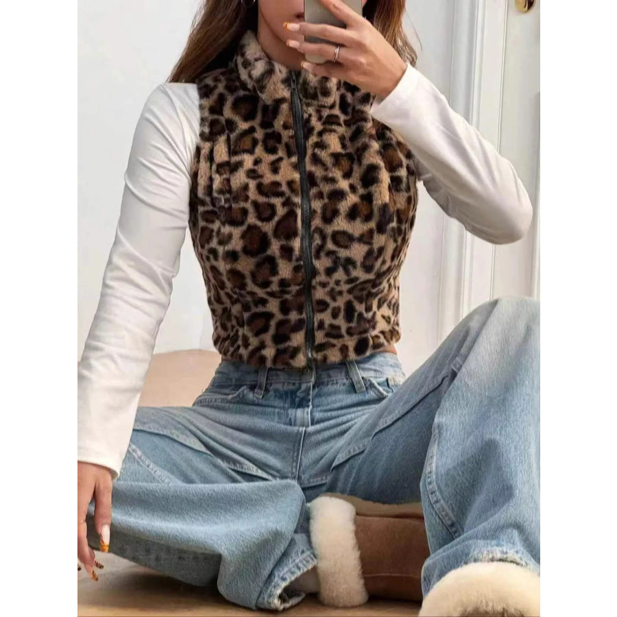 Leopard Zip Up Faux Fur Cropped Vest Coat Apparel and Accessories