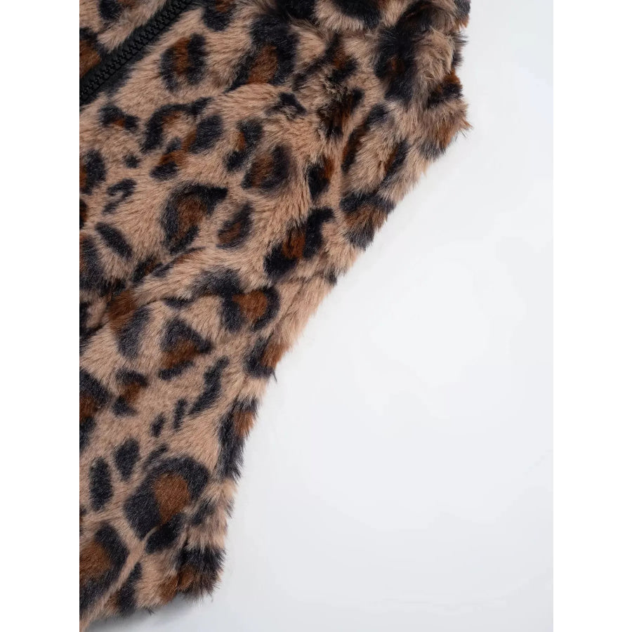 Leopard Zip Up Faux Fur Cropped Vest Coat Apparel and Accessories