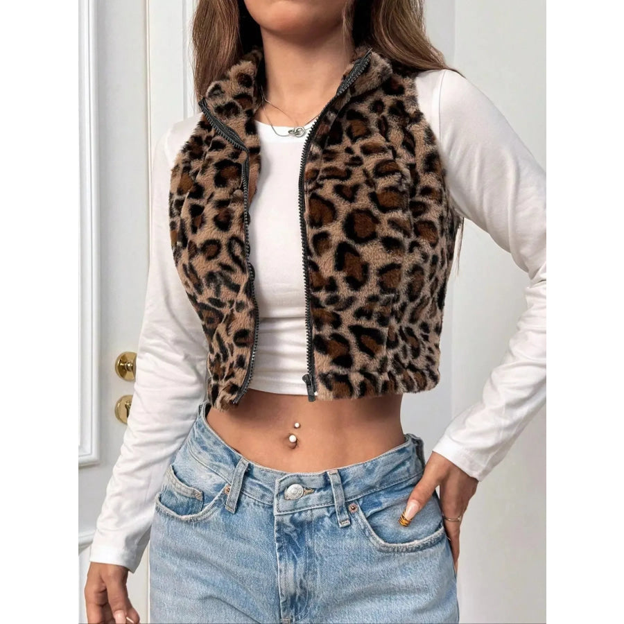 Leopard Zip Up Faux Fur Cropped Vest Coat Leopard / S Apparel and Accessories