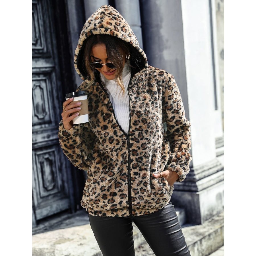 Leopard Zip-Up Hooded Jacket Camel / S