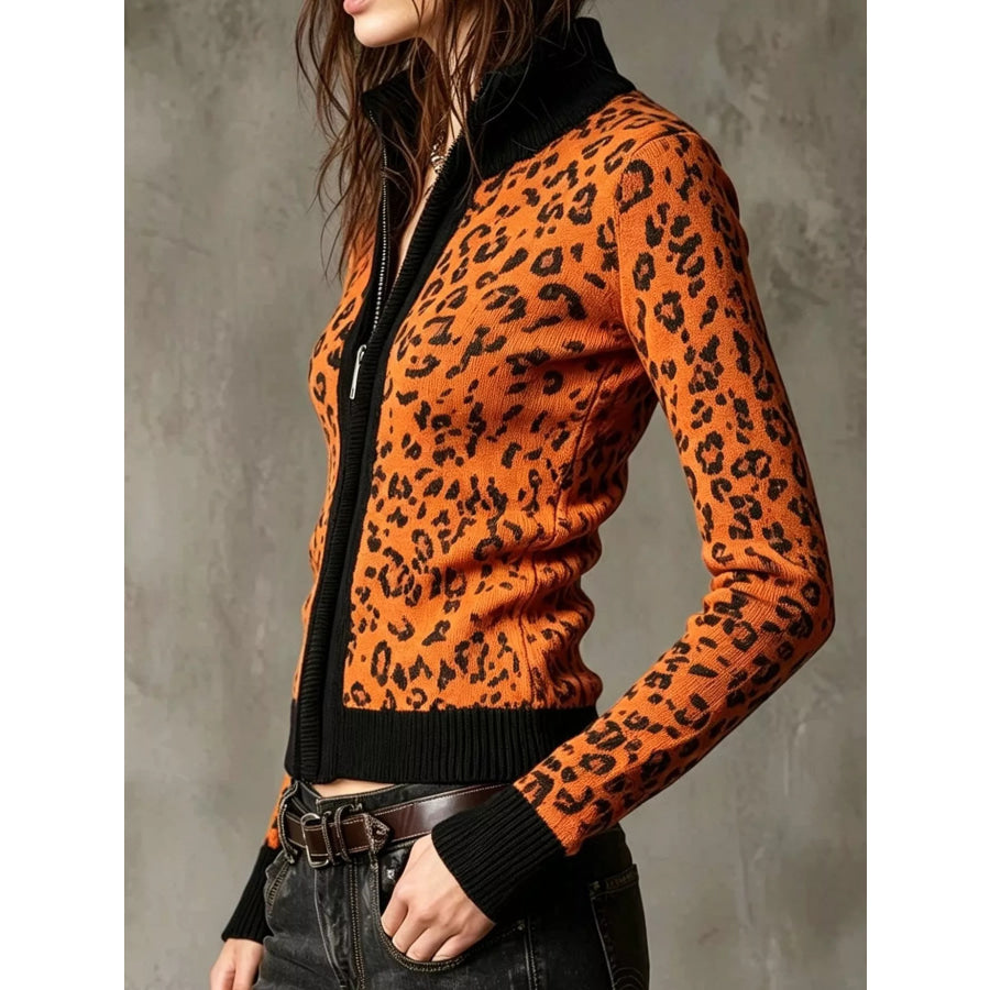 Leopard Zip-Up Knit Cardigan Apparel and Accessories