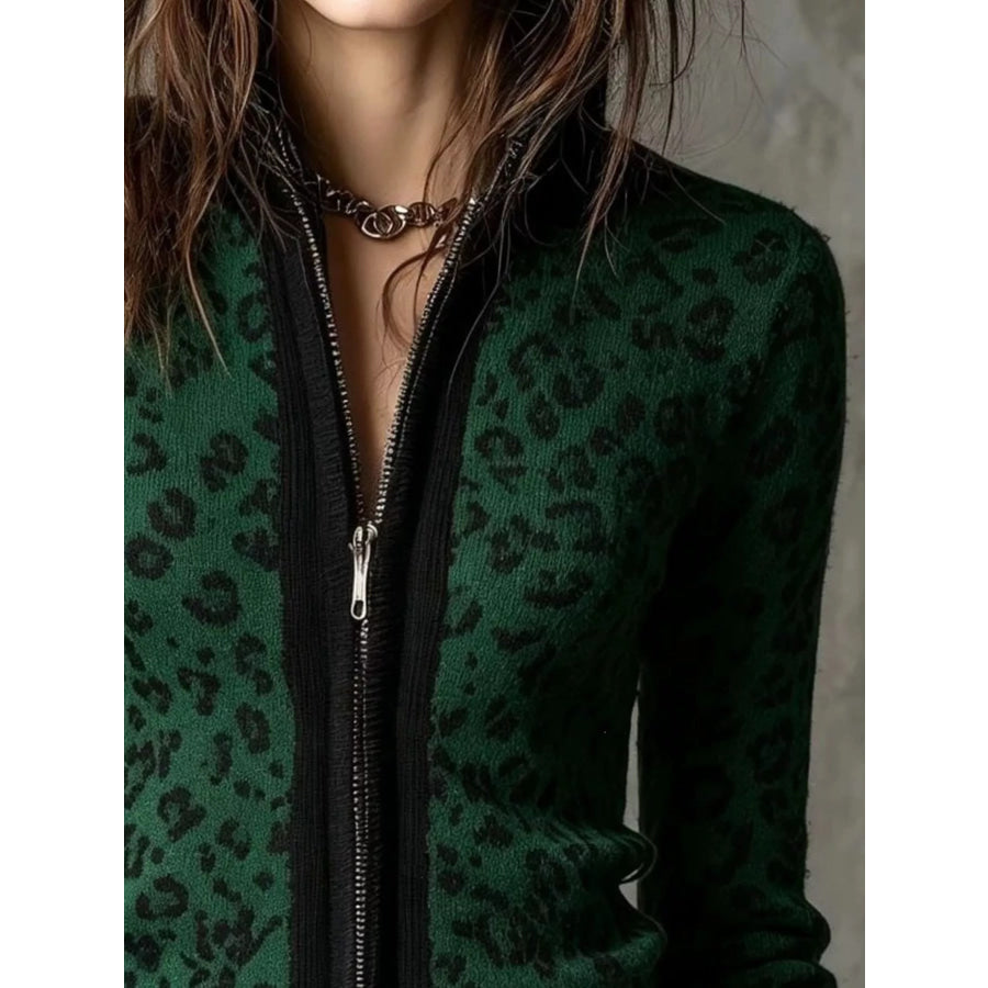 Leopard Zip-Up Knit Cardigan Apparel and Accessories