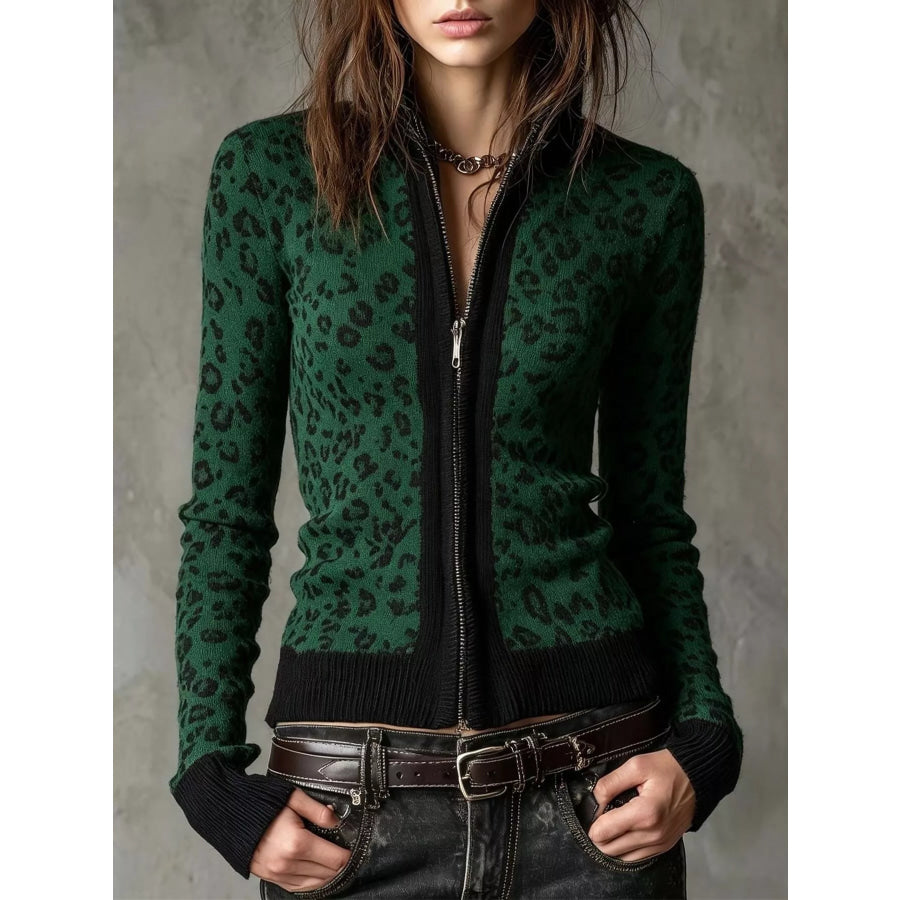 Leopard Zip-Up Knit Cardigan Dark Green / S Apparel and Accessories