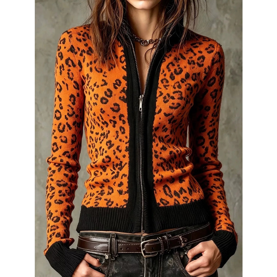 Leopard Zip-Up Knit Cardigan Tangerine / S Apparel and Accessories