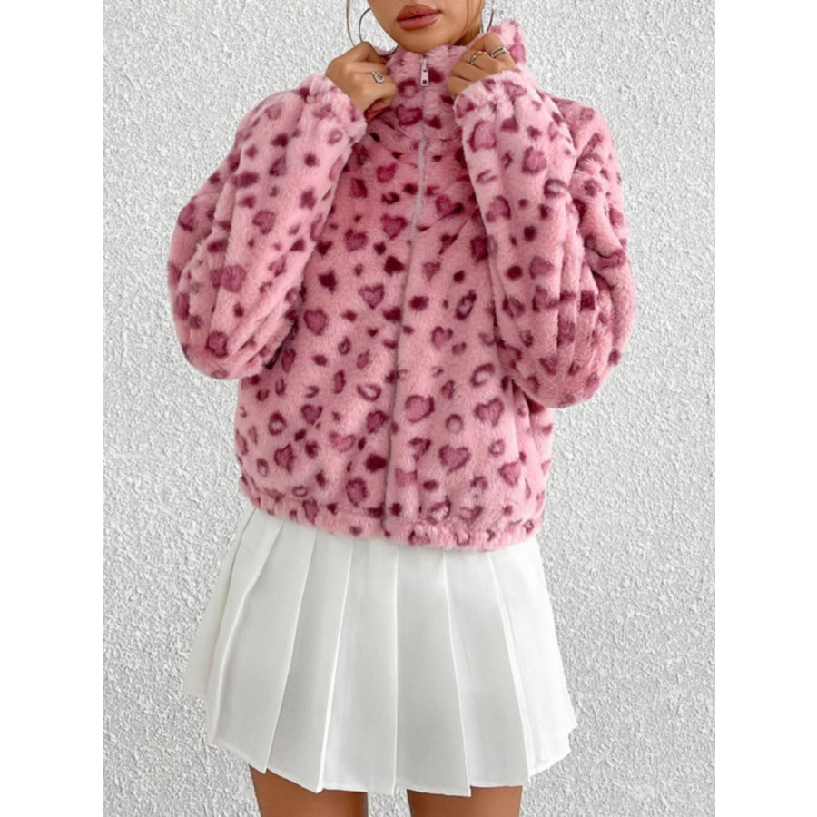 Leopard Zip Up Long Sleeve Furry Jacket Apparel and Accessories