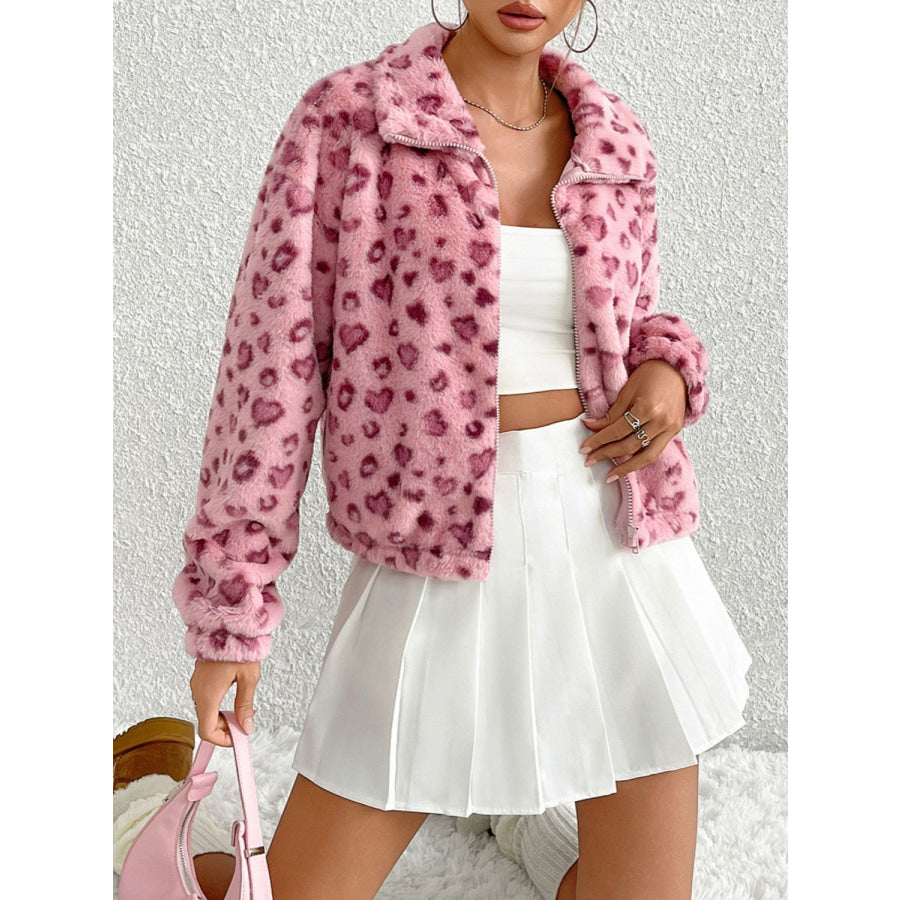 Leopard Zip Up Long Sleeve Furry Jacket Apparel and Accessories