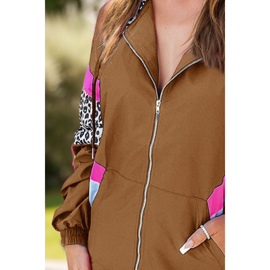 Leopard Zip Up Long Sleeve Hooded Jacket Caramel / S Apparel and Accessories