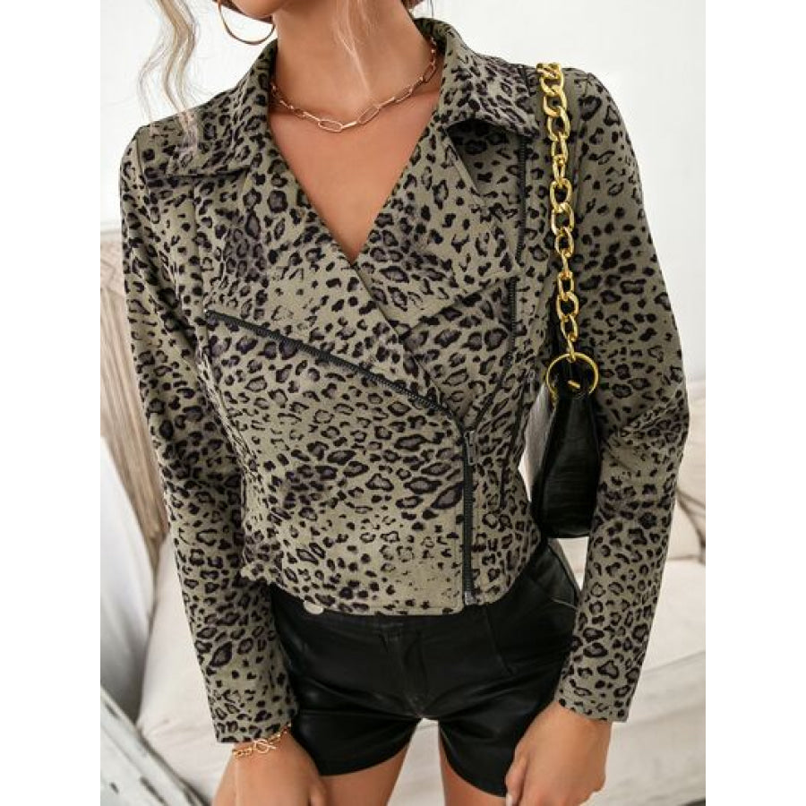 Leopard Zip Up Long Sleeve Jacket Olive Brown / S Apparel and Accessories