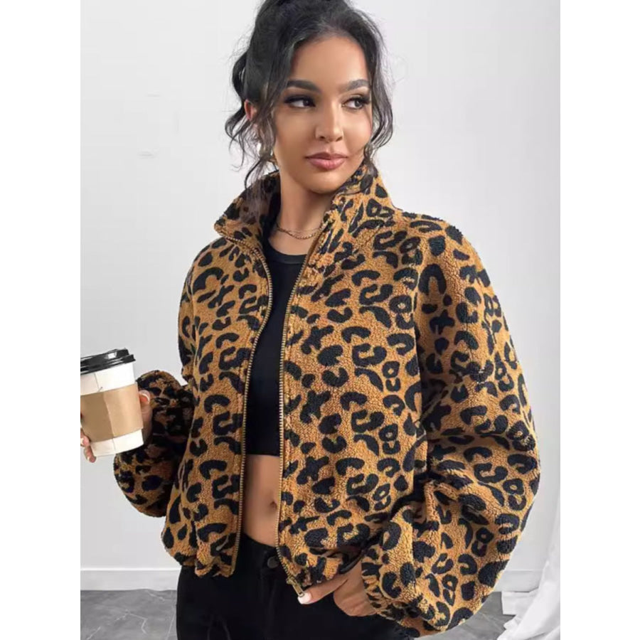 Leopard Zip Up Long Sleeve Jacket Apparel and Accessories