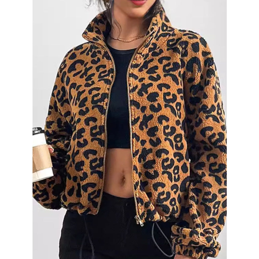 Leopard Zip Up Long Sleeve Jacket Apparel and Accessories