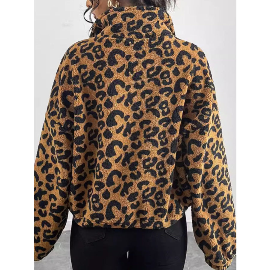 Leopard Zip Up Long Sleeve Jacket Caramel / S Apparel and Accessories