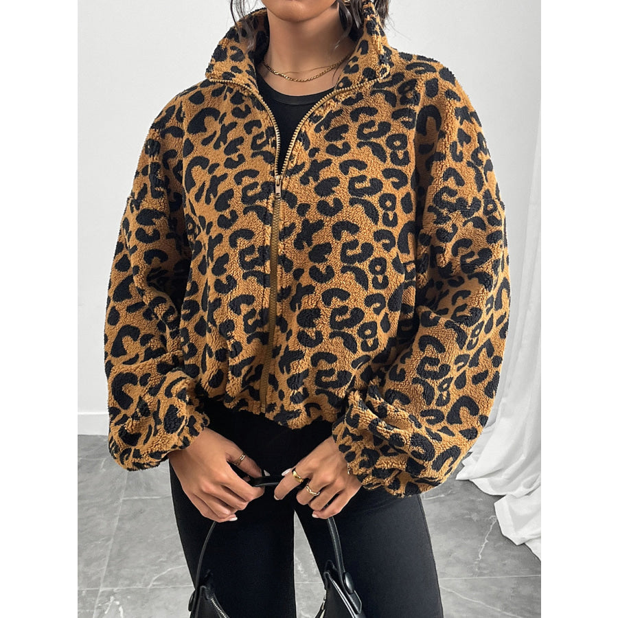 Leopard Zip Up Long Sleeve Jacket Caramel / S Apparel and Accessories