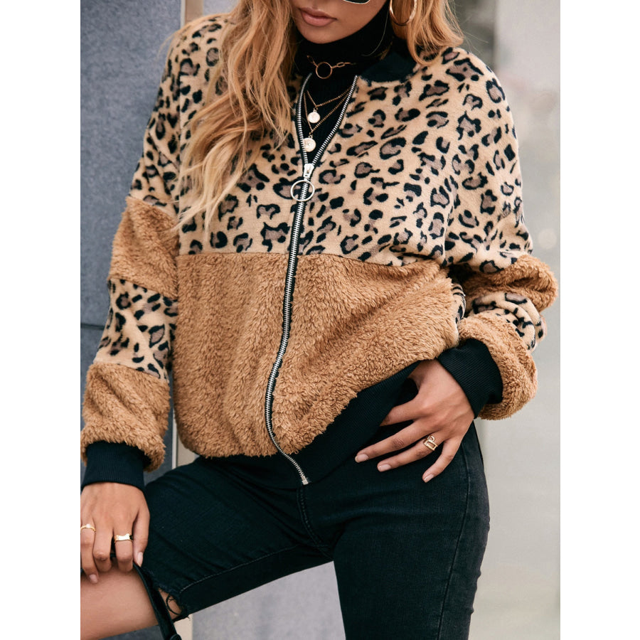 Leopard Zip Up Plush Jacket Apparel and Accessories