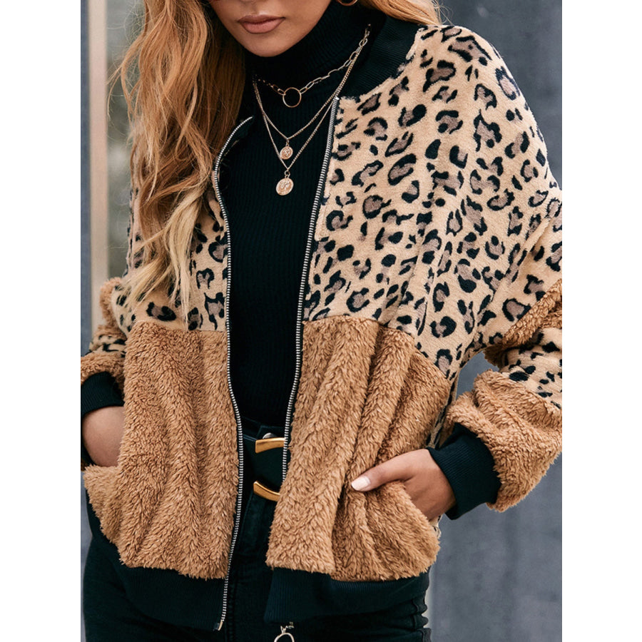 Leopard Zip Up Plush Jacket Leopard / S Apparel and Accessories