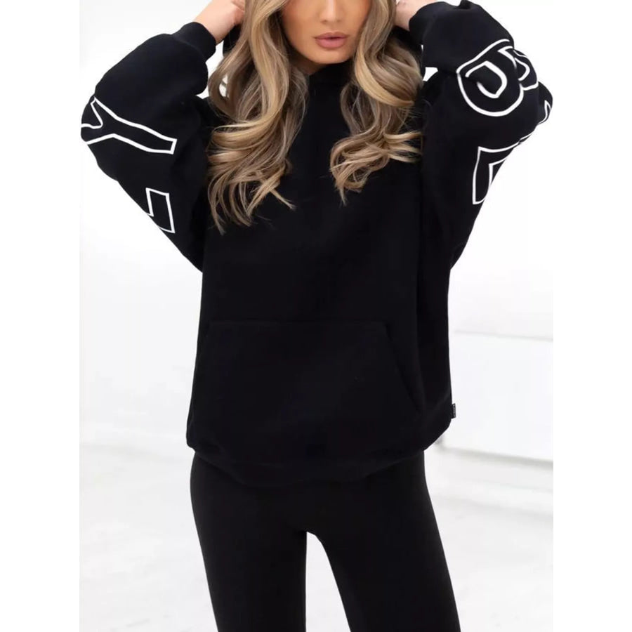 Letter Back Hoodie with Kangaroo Pocket Black / S Apparel and Accessories