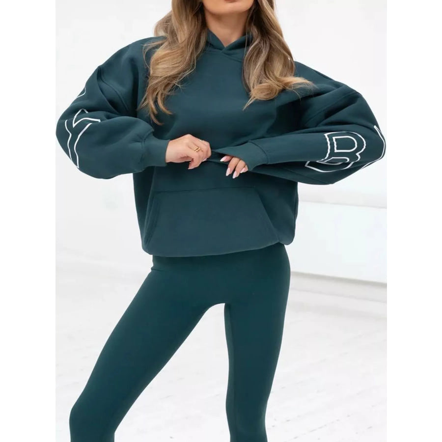 Letter Back Hoodie with Kangaroo Pocket Dark Green / S Apparel and Accessories