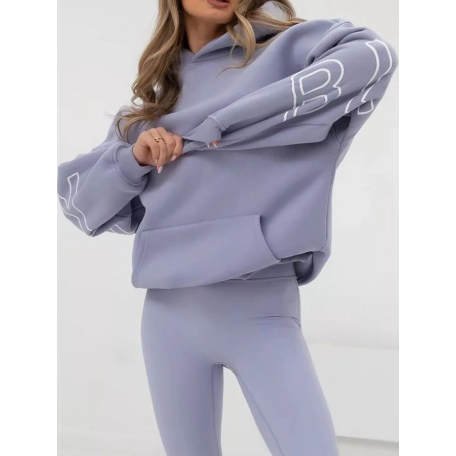 Letter Back Hoodie with Kangaroo Pocket Lavender / S Apparel and Accessories