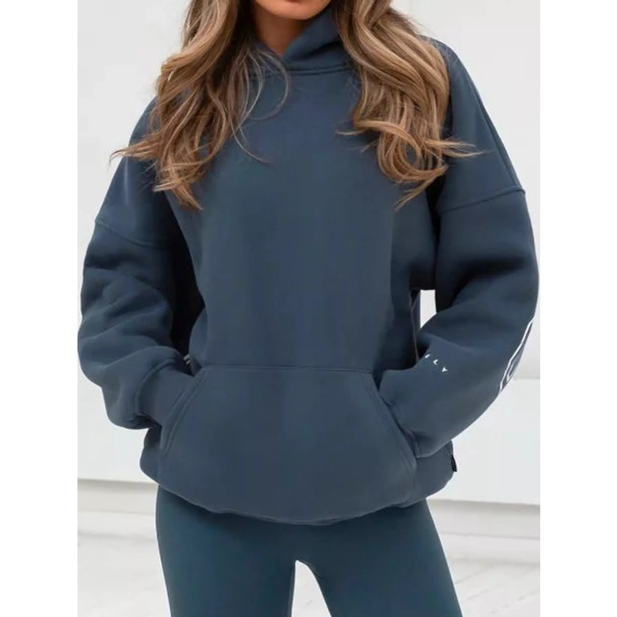 Letter Back Hoodie with Kangaroo Pocket Ocean Blue / S Apparel and Accessories