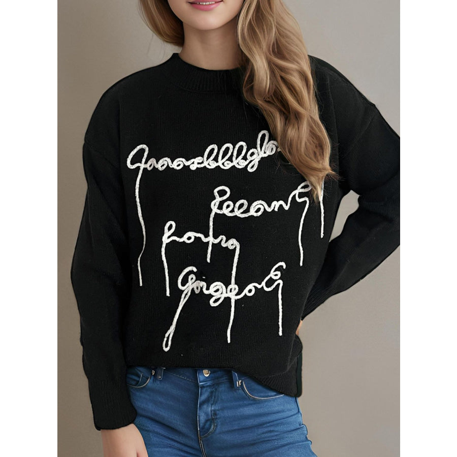 Letter Contrast Round Neck Dropped Shoulder Sweater Apparel and Accessories