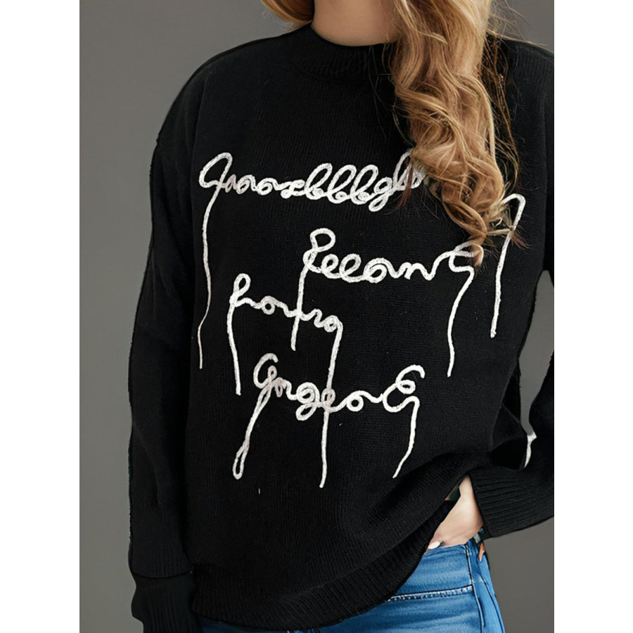 Letter Contrast Round Neck Dropped Shoulder Sweater Apparel and Accessories