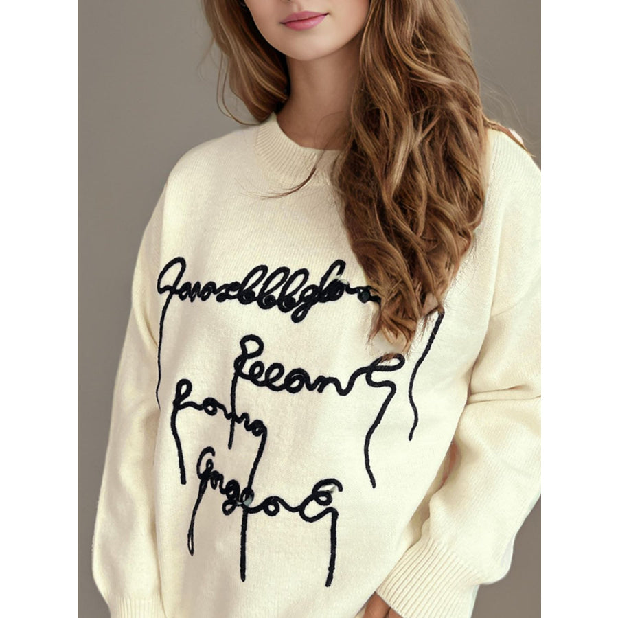 Letter Contrast Round Neck Dropped Shoulder Sweater Apparel and Accessories