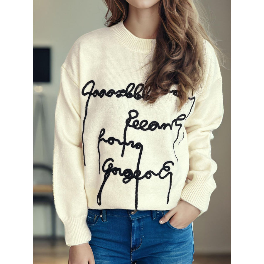 Letter Contrast Round Neck Dropped Shoulder Sweater Apparel and Accessories