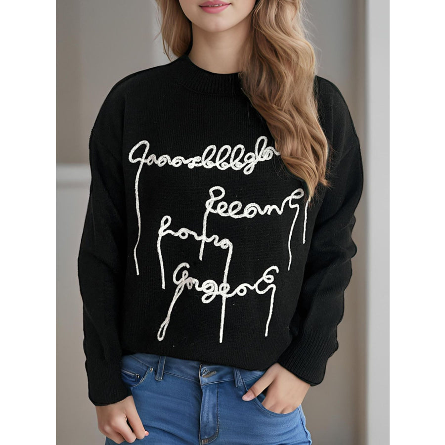 Letter Contrast Round Neck Dropped Shoulder Sweater Black / One Size Apparel and Accessories