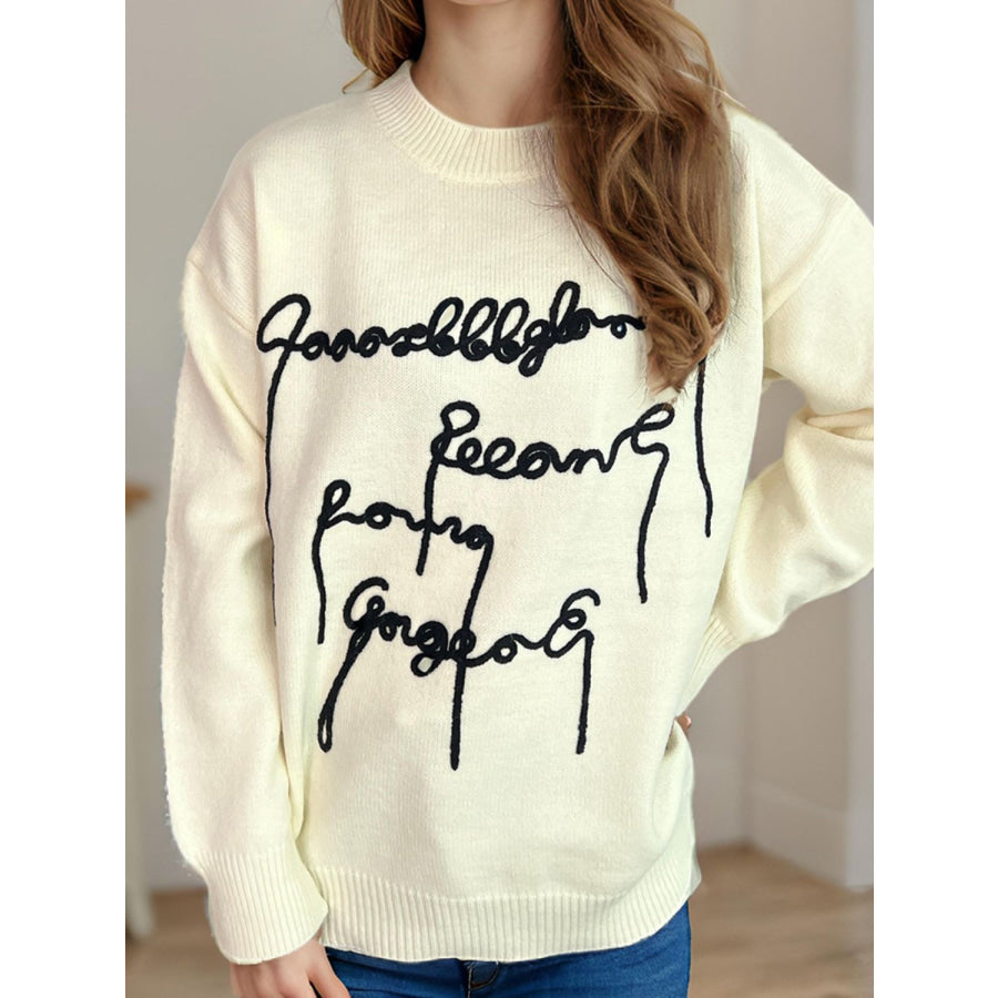 Letter Contrast Round Neck Dropped Shoulder Sweater Cream / One Size Apparel and Accessories