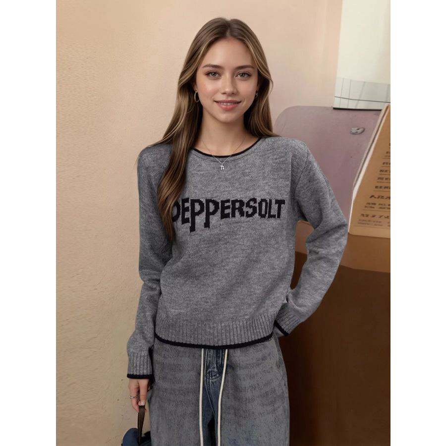Letter Contrast Trim Round Neck Sweater Apparel and Accessories