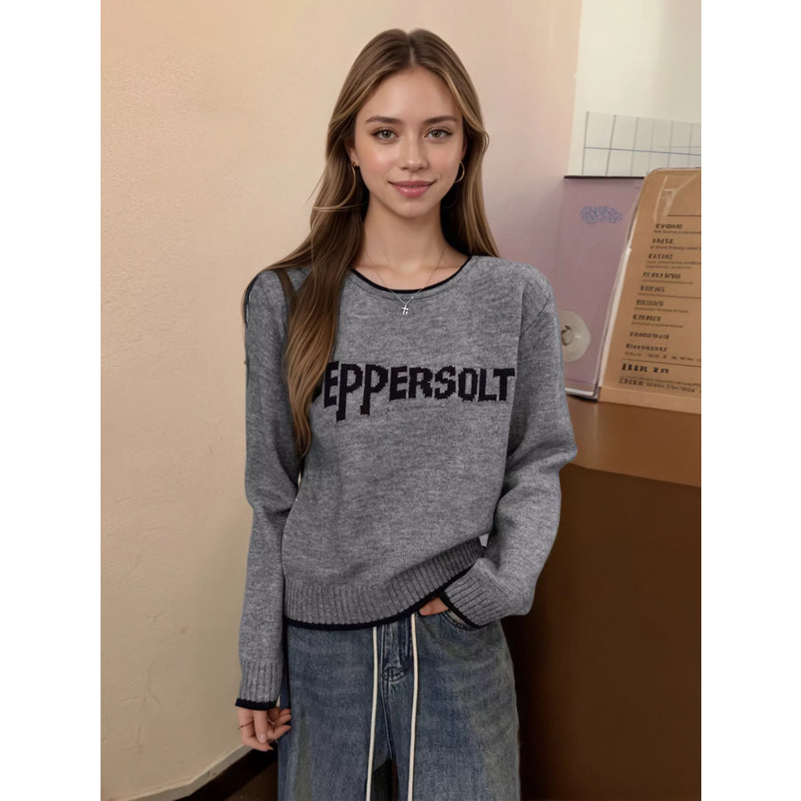 Letter Contrast Trim Round Neck Sweater Apparel and Accessories